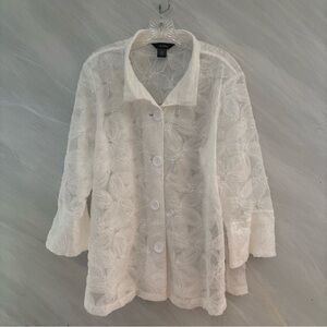 Ali Miles XL White Floral Embroidered Sequin Wire Collar Bell Sleeves Blouse